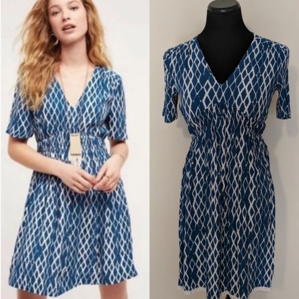 Anthropologie HD in Paris blue & white dress